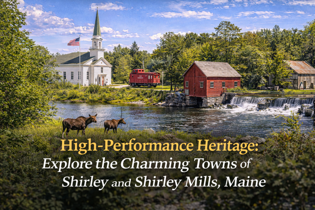 Scenic view of Shirley and Shirley Mills, Maine, featuring the Piscataquis River, forested hills, historic village buildings, and vibrant summer foliage in the Maine Highlands.