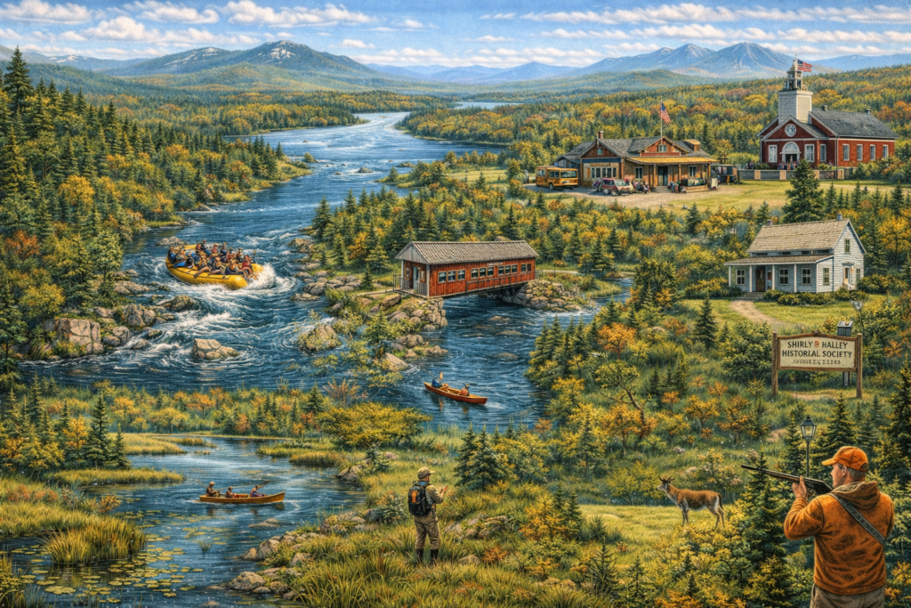 Scenic illustrated map of Shirley and Shirley Mills Maine featuring East Branch Piscataquis River, whitewater rafting, covered bridge, Shirley Bog, forests, mountains, and Moosehead Lake region wilderness.