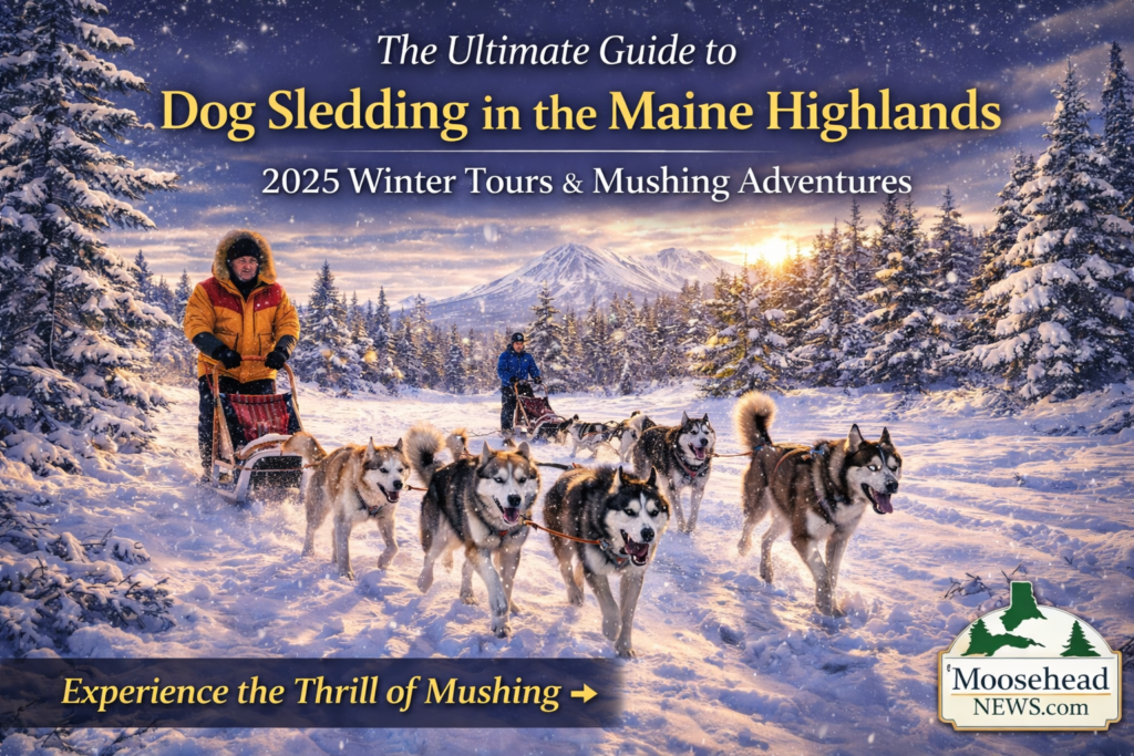 Dog sledding tour in Shirley Mills Maine featuring husky team pulling sled through snow-covered forest at sunset during 2025 winter mushing adventure in the Maine Highlands.