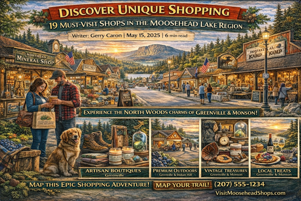 Vibrant 16:9 promotional illustration of downtown Greenville, Maine featuring rustic North Woods shops, artisan boutiques, outdoor gear stores, antiques, wine, handmade goods, Moosehead Lake, and Mount Kineo at sunset.