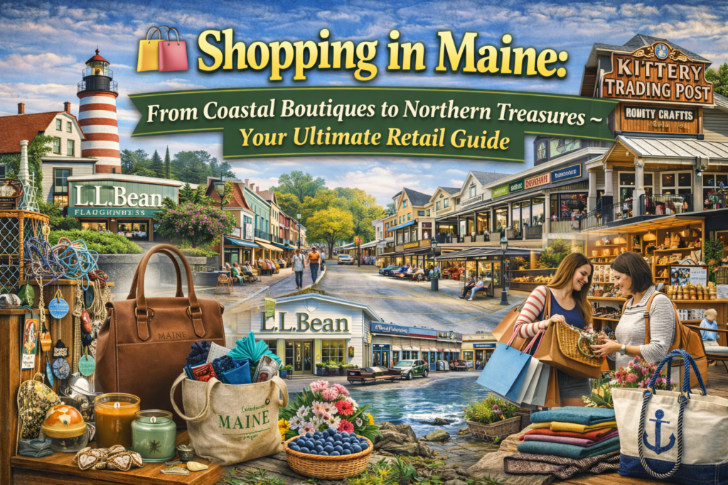 Vibrant Maine shopping scene featuring Freeport’s L.L.Bean flagship store, Portland Old Port boutiques, Kittery Premium Outlets storefronts, Bangor downtown shops, and artisan markets in Aroostook County with brick Main Street architecture and coastal charm.