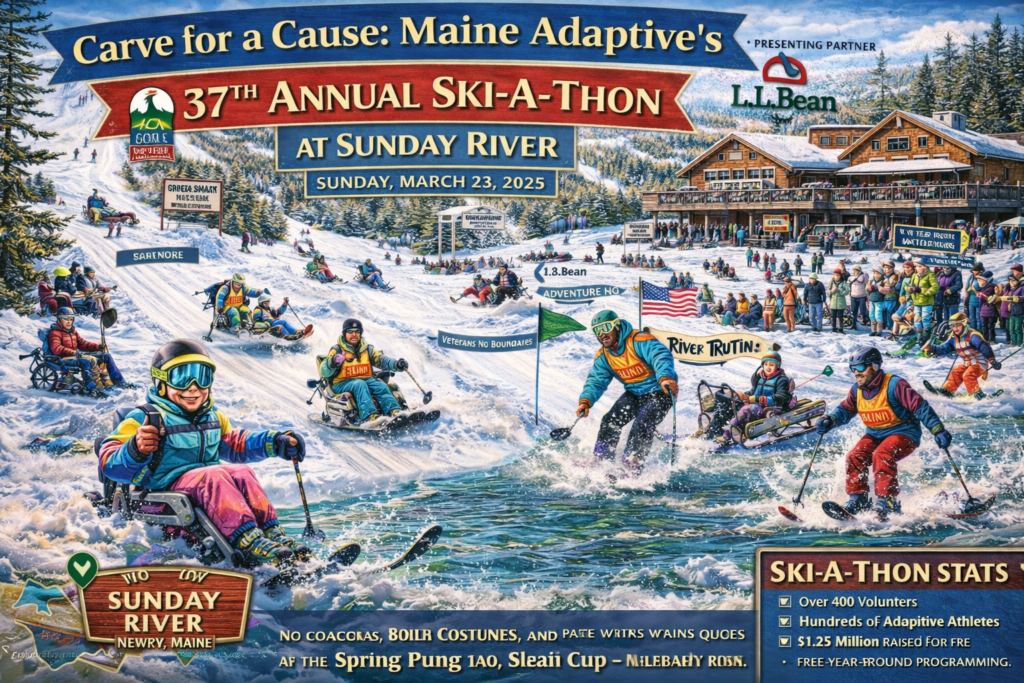 Adaptive skiers participating in the 37th Annual Maine Adaptive Ski-A-Thon at Sunday River in Newry, Maine, with snowy mountain terrain, cheering crowds, and spring skiing conditions.