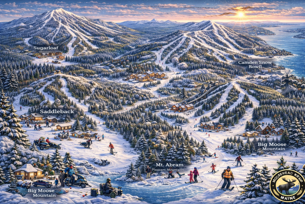 Illustrated winter map of Maine ski resorts featuring Sugarloaf, Sunday River, Saddleback, Big Moose Mountain, and Camden Snow Bowl with skiers, snowy peaks, and Moosehead News logo.