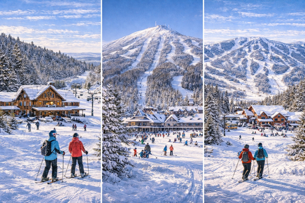 Family-friendly ski resorts in Maine’s Lakes & Mountains region featuring snowy slopes, chairlifts, mountain lodges, and forested peaks under clear winter skies.