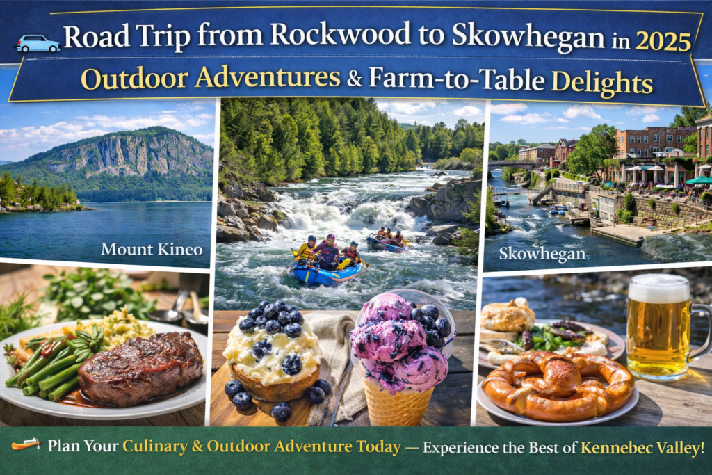 Scenic 16:9 collage of Rockwood and Skowhegan Maine featuring Mount Kineo on Moosehead Lake, whitewater rafting on the Kennebec River, historic downtown Skowhegan riverfront, and farm-to-table dining with craft beer and wild blueberry desserts.