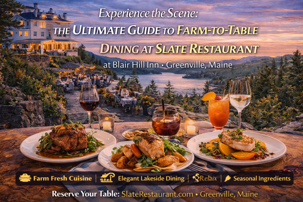 Elegant farm-to-table dining at Slate Restaurant overlooking Moosehead Lake, featuring seasonal gourmet dishes and refined Maine hospitality in Greenville.