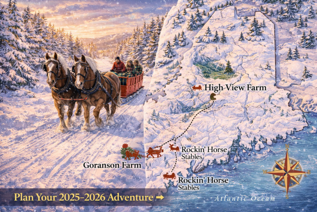 Horse-drawn sleigh ride through snowy Maine forest with illustrated state map highlighting Goranson Farm, High View Farm, and Rockin’ Horse Stables for 2025–2026 winter season.