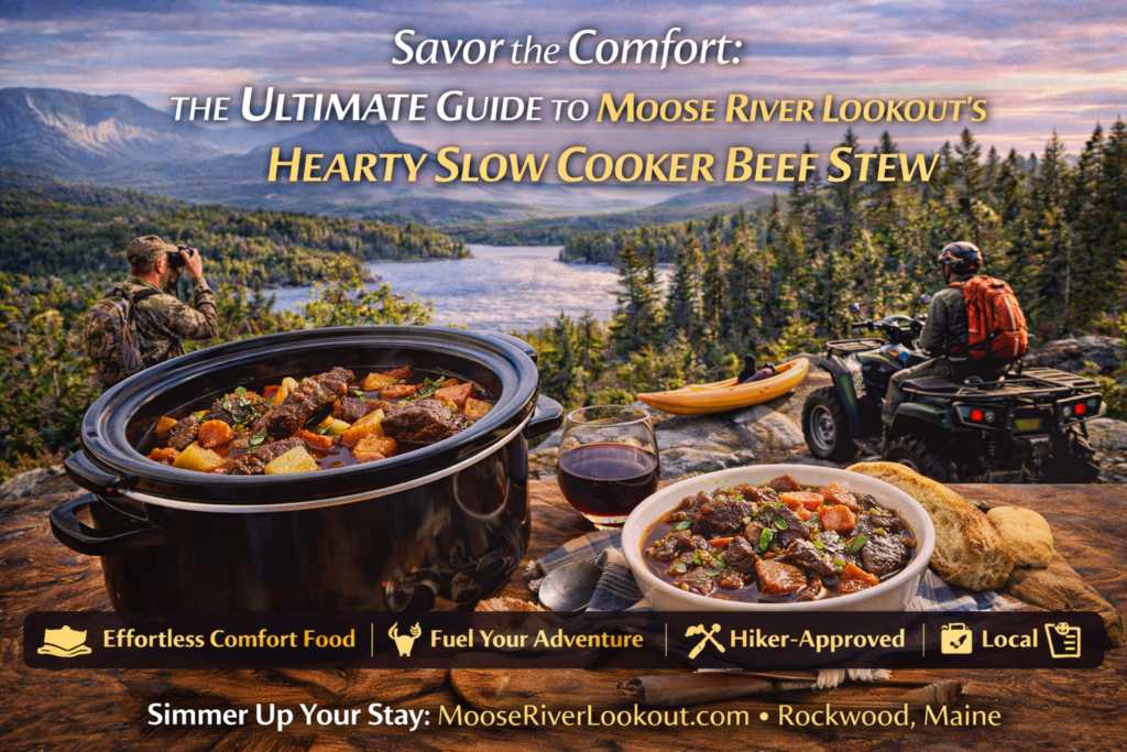 Slow cooker beef stew simmering in a rustic kitchen at Moose River Lookout in Rockwood, Maine, surrounded by fresh vegetables and North Woods cabin decor