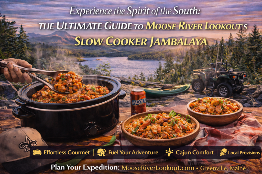 Slow cooker jambalaya with chicken, sausage, rice, and vegetables simmering in a rustic kitchen near Moosehead Lake, Maine