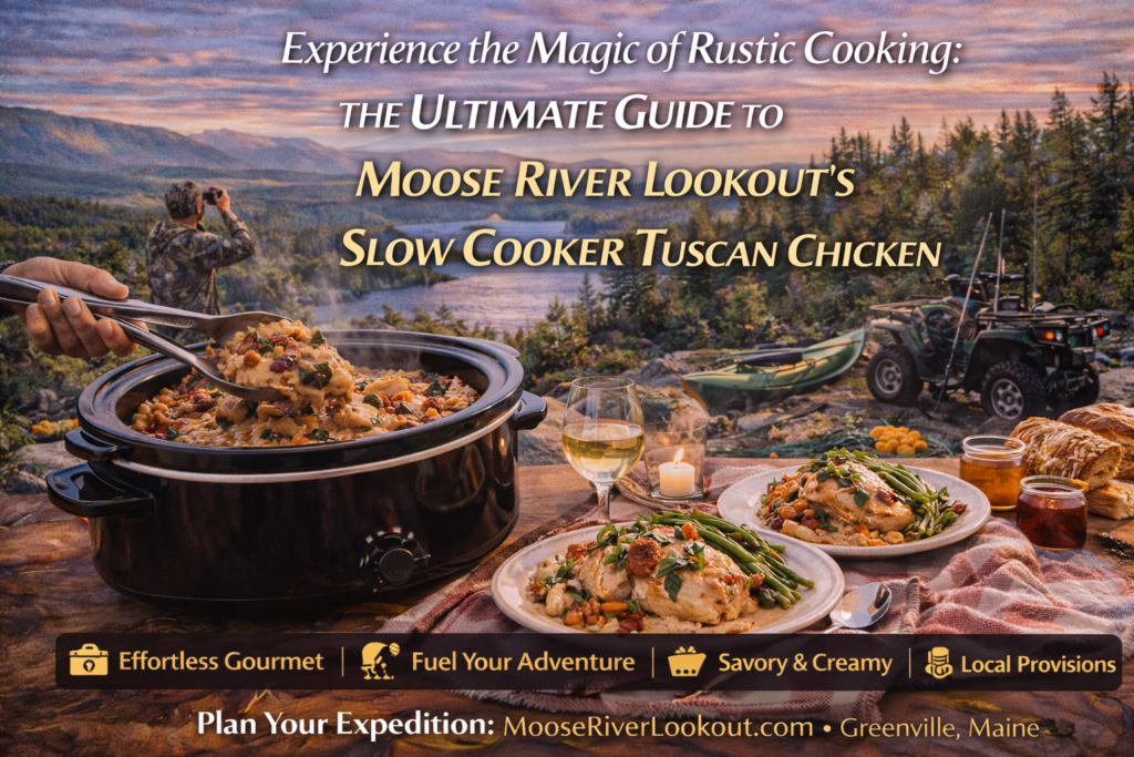 Slow cooker Tuscan chicken with creamy sauce, sun-dried tomatoes, and herbs served at a rustic Maine cabin retreat in the Moosehead Lake region.