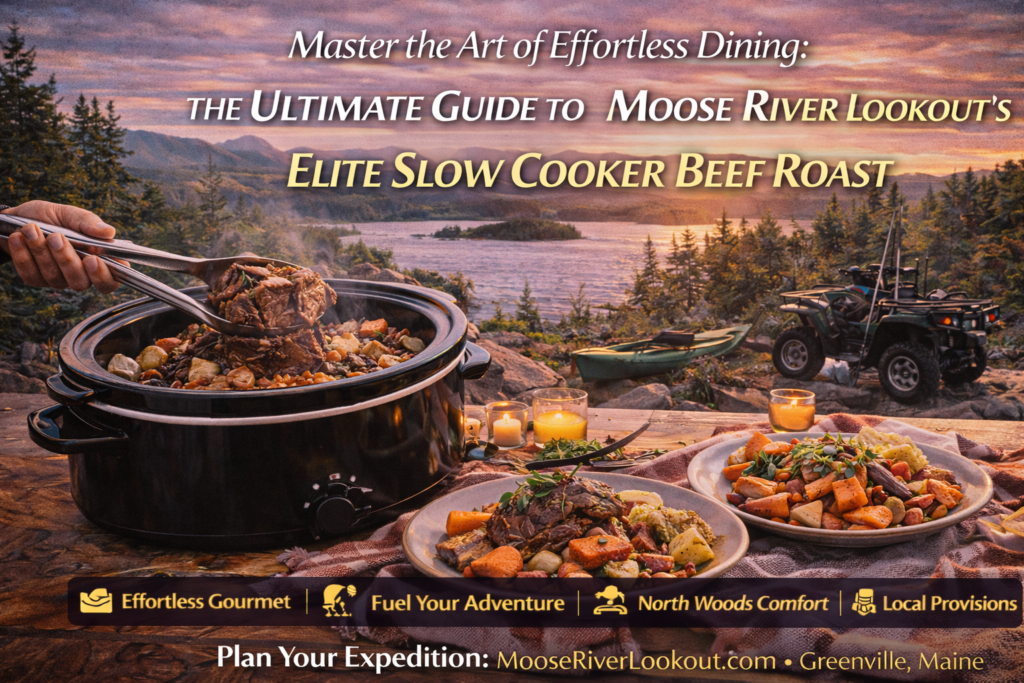 Slow cooker beef roast simmering with carrots and potatoes in a rustic cabin kitchen at Moose River Lookout in the Maine Highlands