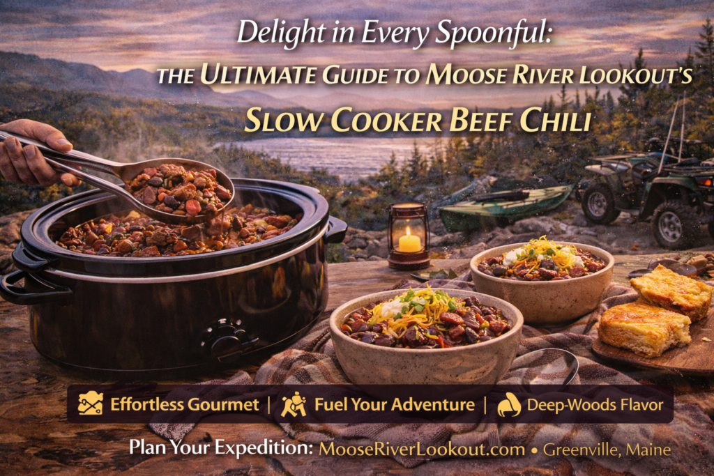 Slow cooker beef chili simmering in a rustic cabin kitchen near Moosehead Lake, Maine, with rich red chili, beans, and fresh toppings after a day of outdoor adventure.