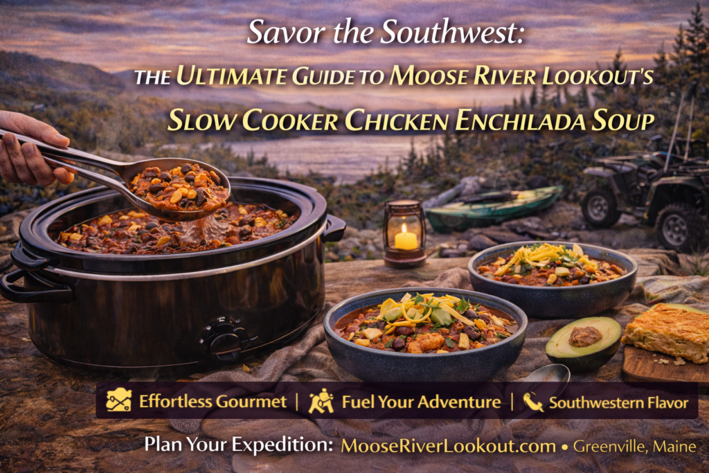 Slow cooker chicken enchilada soup with shredded chicken, black beans, corn, and tortilla strips, prepared at Moose River Lookout in Maine’s North Woods