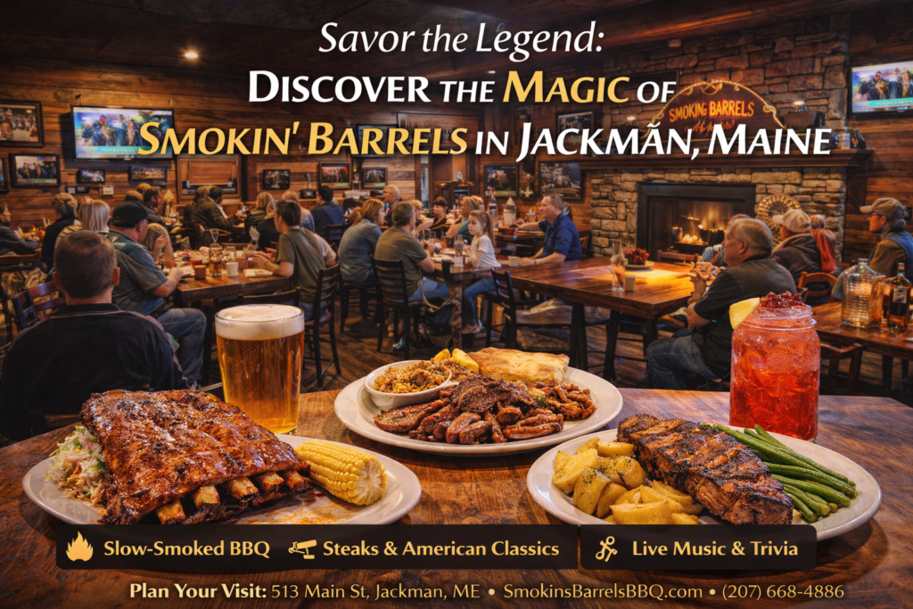Rustic exterior and hearty barbecue dishes at Smokin' Barrels restaurant in Jackman, Maine, surrounded by North Woods scenery.
