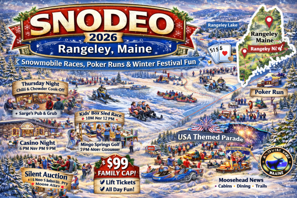 Illustrated 16:9 event map of Snodeo 2026 in Rangeley Maine featuring radar runs on the ice, snowmobile poker run routes, USA-themed parade, fireworks over Town Cove, Rangeley Inn, and Moosehead News logo.