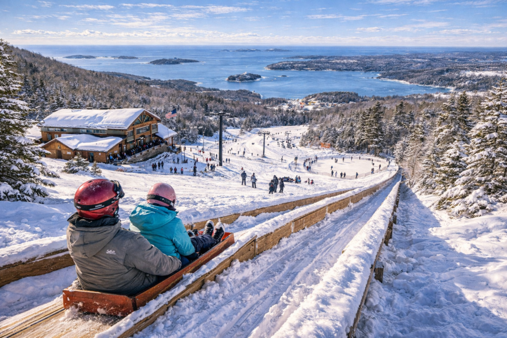 Camden Snow Bowl in winter with skiers and snowboarders descending Ragged Mountain, historic toboggan chute in action, and sweeping ocean views of Penobscot Bay in Camden, Maine.