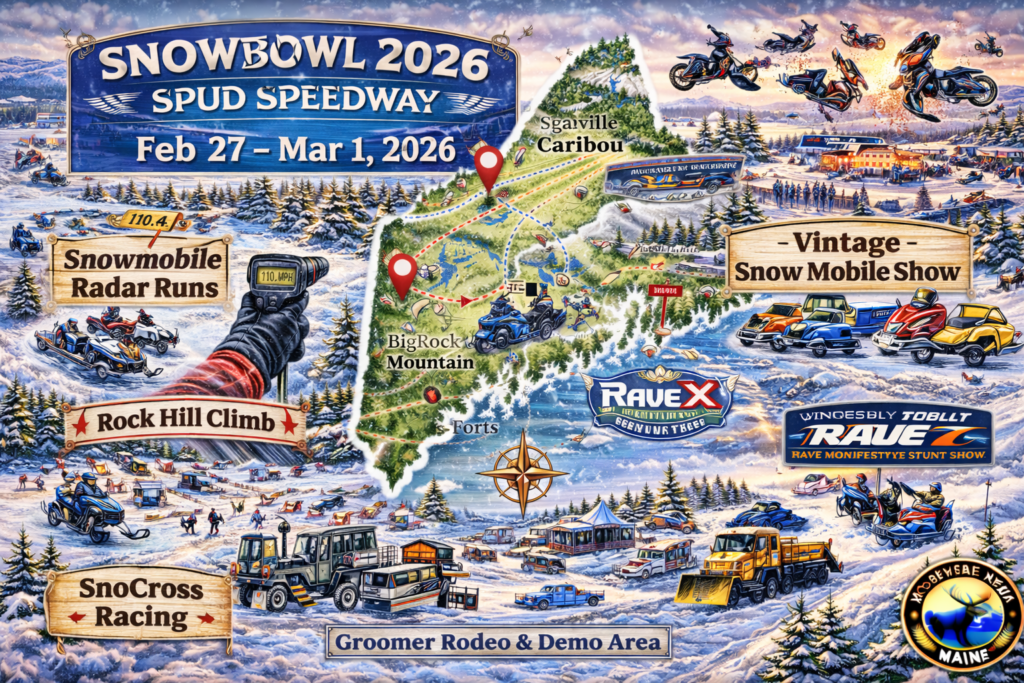 SnowBowl 2026 at Spud Speedway in Caribou Maine featuring snowmobile radar runs, SnoCross racing, Rock Hill Climb at BigRock Mountain, freestyle stunt show and winter festival map with Moosehead News logo.