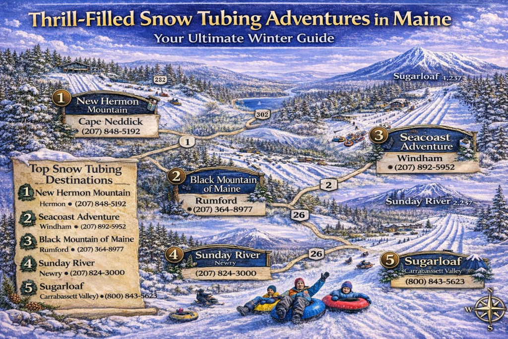 Illustrated winter map showing top snow tubing destinations across Maine, including Sunday River, Sugarloaf, Black Mountain, and New Hermon Mountain amid snowy mountain scenery.