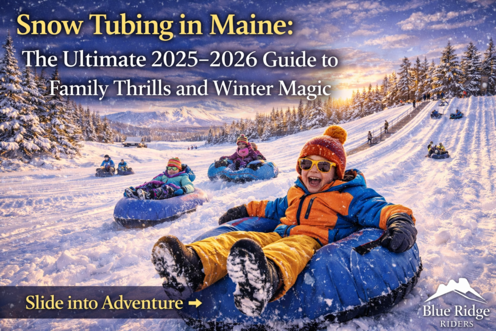 Families snow tubing down groomed lanes at a Maine winter park during sunset, with snow-covered mountains and pine forests in the background, vibrant winter recreation scene 2025–2026.