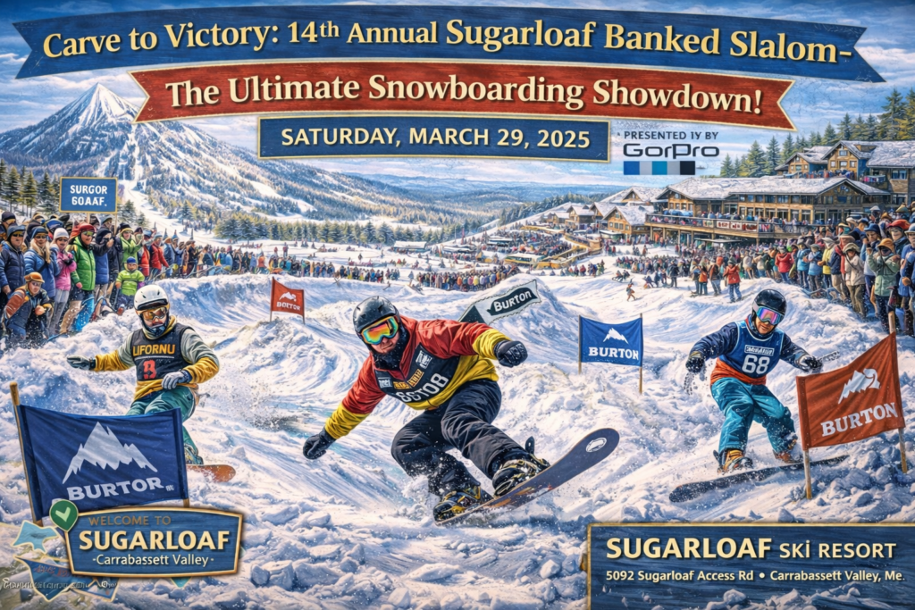 Snowboarders race through banked turns during the 14th Annual Sugarloaf Banked Slalom at Sugarloaf Ski Resort in Carrabassett Valley, Maine, with mountain scenery and cheering crowds.