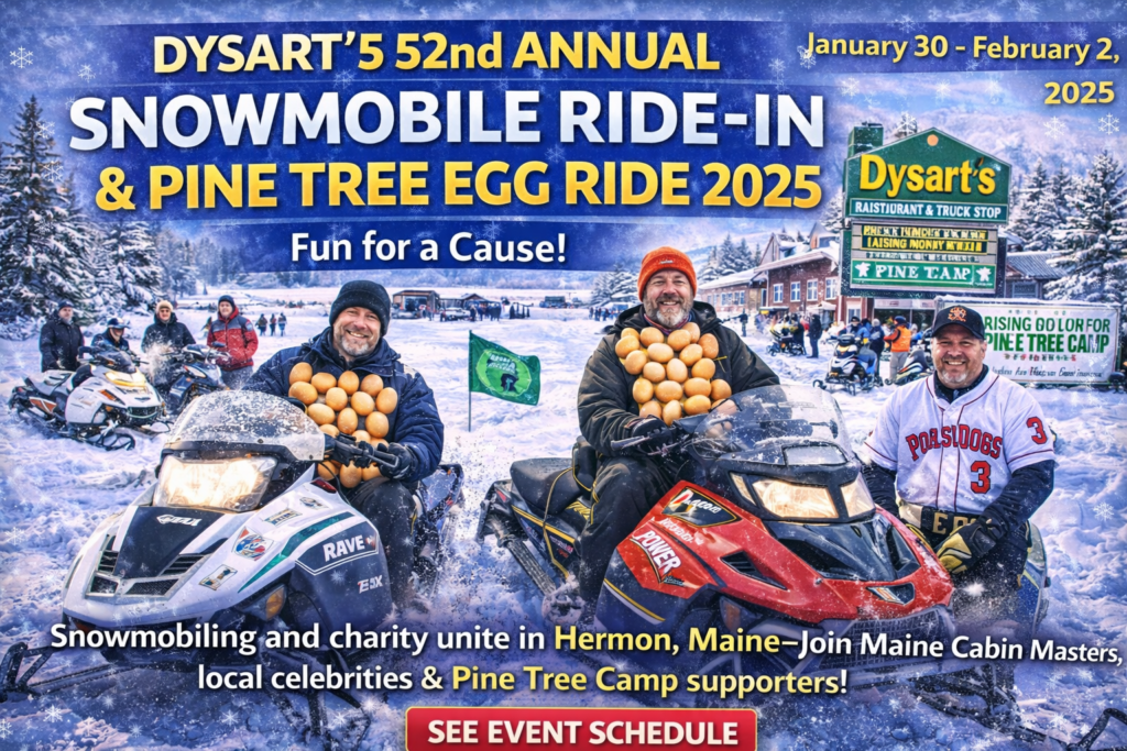 Snowmobilers riding Maine ITS trails during Dysart’s 52nd Annual Snowmobile Ride-In & Pine Tree Egg Ride in Hermon, Maine, surrounded by snowy forest scenery.