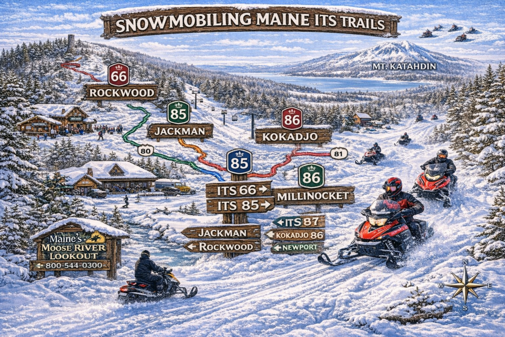 Illustrated map of Maine’s Interconnected Trail System (ITS) highlighting major snowmobile routes through the Maine Highlands, Moosehead Lake, Jackman, Rangeley, and Aroostook County.