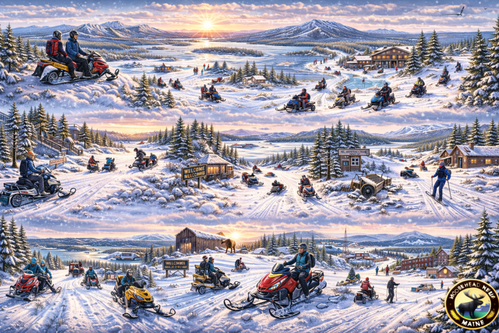 Panoramic 16:9 illustrated winter map of Maine snowmobiling trails featuring Moosehead Lake, The Forks, Rangeley, Aroostook County, and scenic ITS trail corridors with snow-covered forests and frozen lakes.