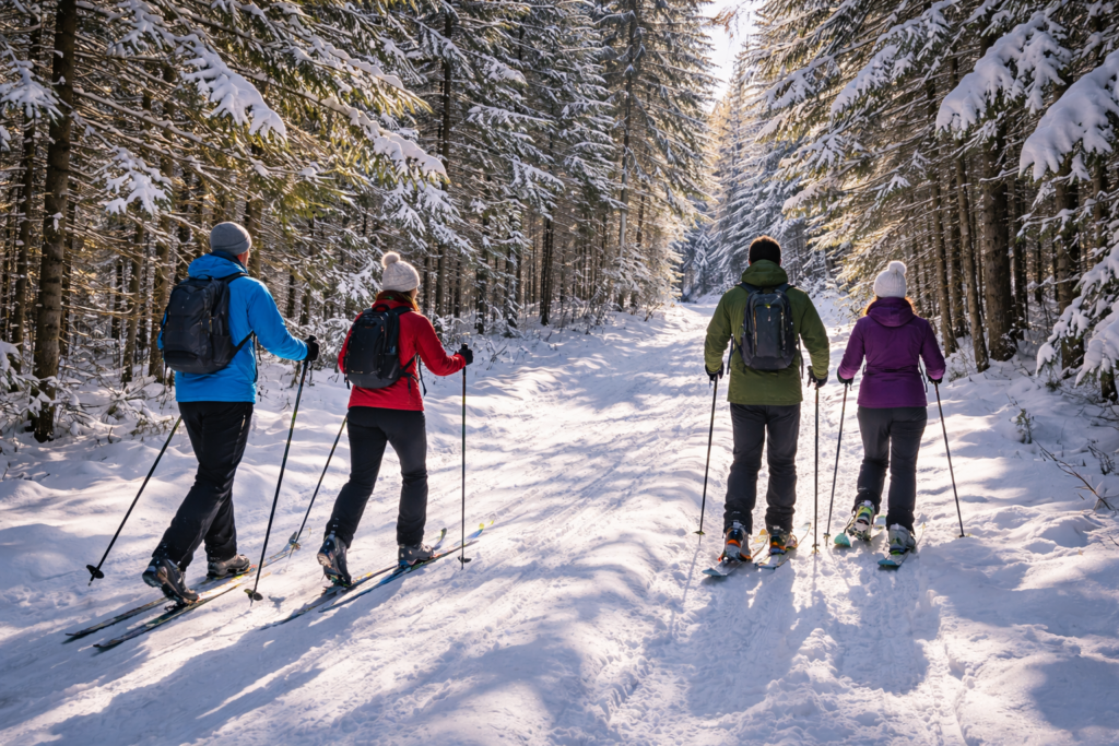 Cross-country skiers and snowshoers traveling through a snowy forest trail in Maine’s Highlands near Moosehead Lake on a clear winter day.
