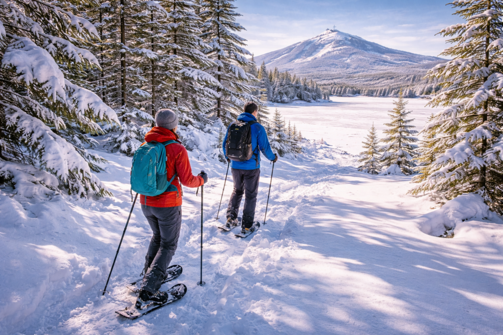 Snowshoeing adventurers exploring a winter trail near Moosehead Lake surrounded by snow-covered evergreen forests and mountain scenery in Maine.