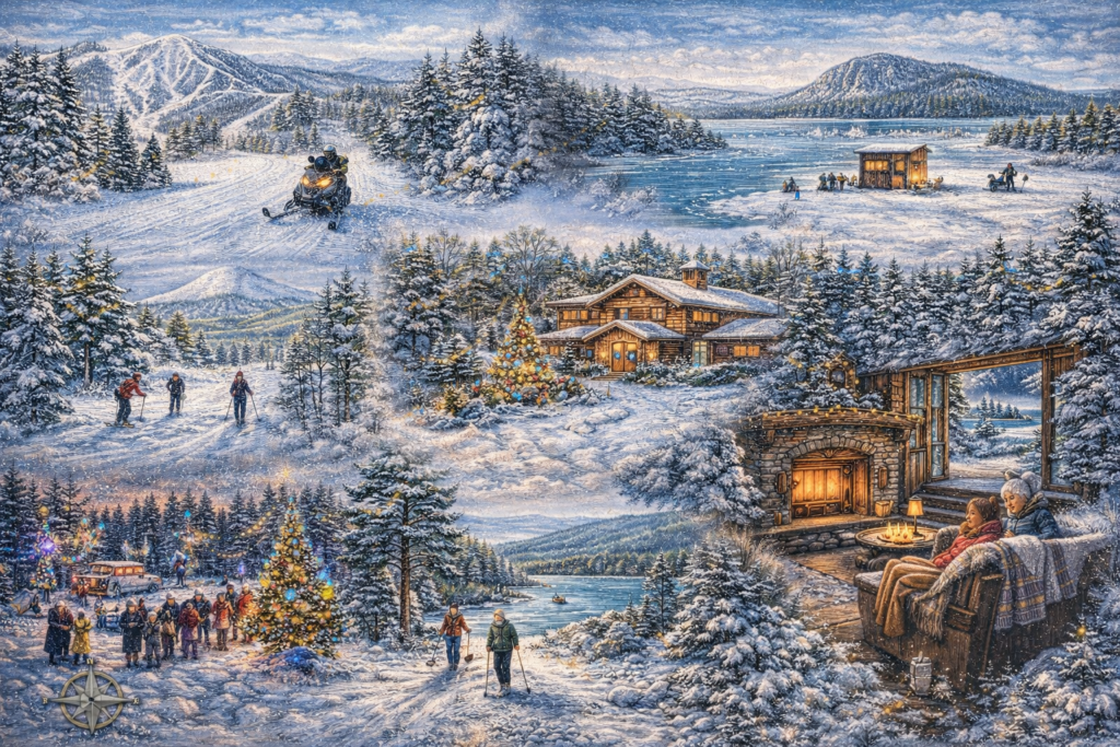 Snowy Maine winter scene featuring snowmobiling, skiing, ice fishing, cozy cabin by the fireplace, and mountain views near Moosehead Lake and Sugarloaf.