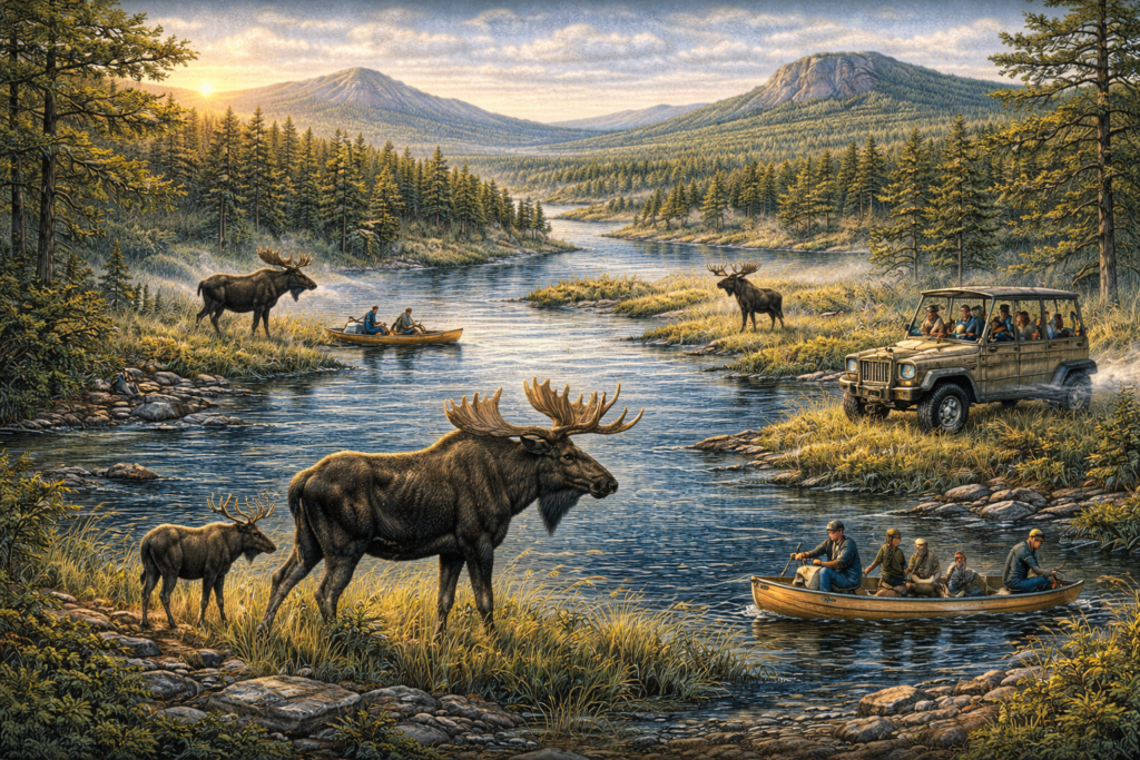 Bull moose and calf standing along a river in the North Maine Woods at sunrise, with canoeists and guided safari vehicle observing wildlife in a forested mountain landscape.