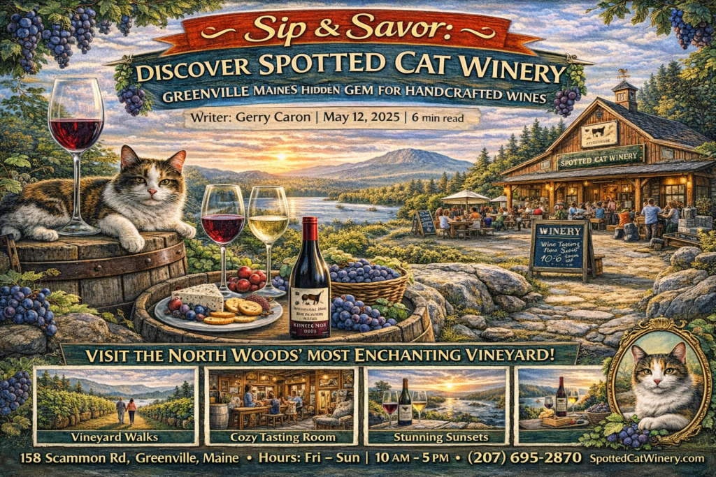 Vibrant 16:9 promotional illustration of Spotted Cat Winery in Greenville, Maine featuring vineyard rows, rustic tasting room, wine glasses with red and white wine, fresh Maine blueberries and grapes, Moosehead Lake scenery, and Mount Kineo in the background.