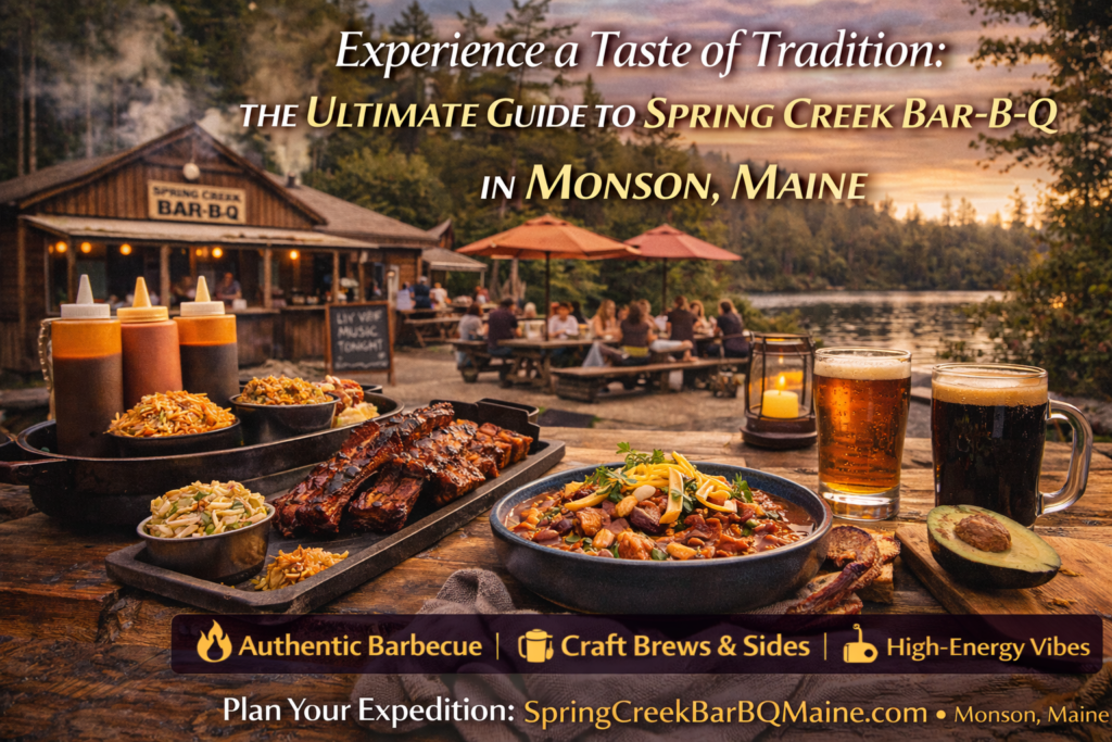 Slow-smoked barbecue platters at Spring Creek Bar-B-Q in Monson, Maine, featuring ribs, brisket, pulled pork, and classic BBQ sides in a rustic North Woods setting.