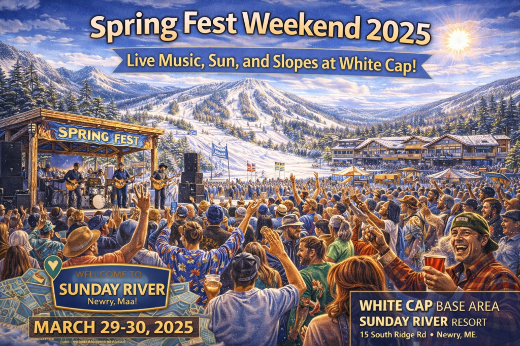 Spring Fest Weekend at White Cap base area at Sunday River Resort with live outdoor music, spring skiing crowds, blue skies, and skiers relaxing in the sun in Newry, Maine
