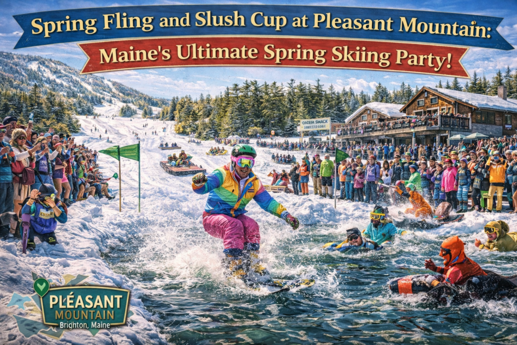 Spring Fling and Slush Cup at Pleasant Mountain in Bridgton Maine featuring skiers in retro costumes skimming across a pond with cheering crowds and mountain scenery