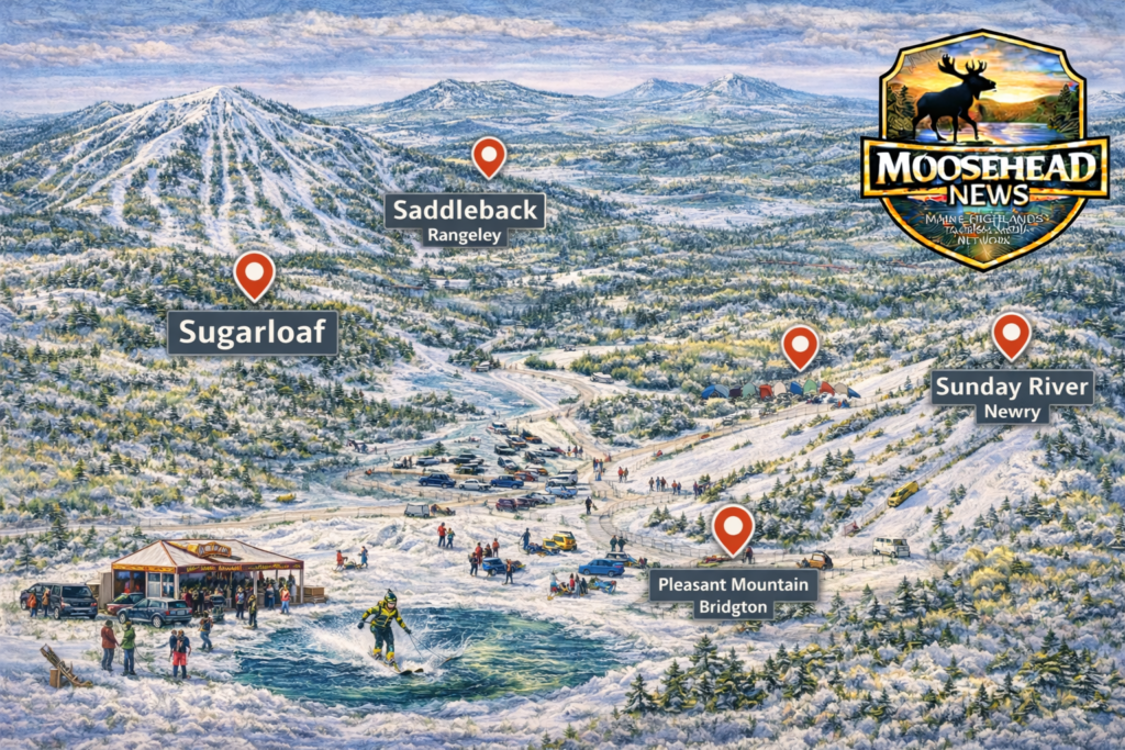Illustrated 16:9 map of Maine ski resorts including Sugarloaf, Sunday River, Saddleback, and Pleasant Mountain featuring spring skiing, pond skim event, and Moosehead News logo.