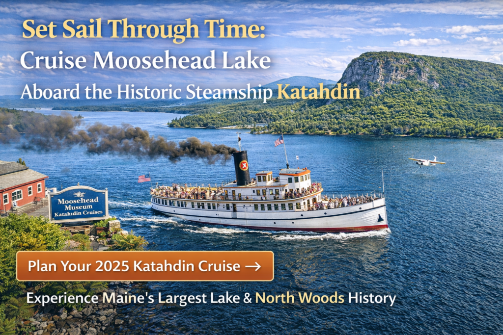 Historic Steamship Katahdin cruising Moosehead Lake near Mount Kineo in Greenville, Maine, with Moosehead Marine Museum and scenic North Woods mountains in background.