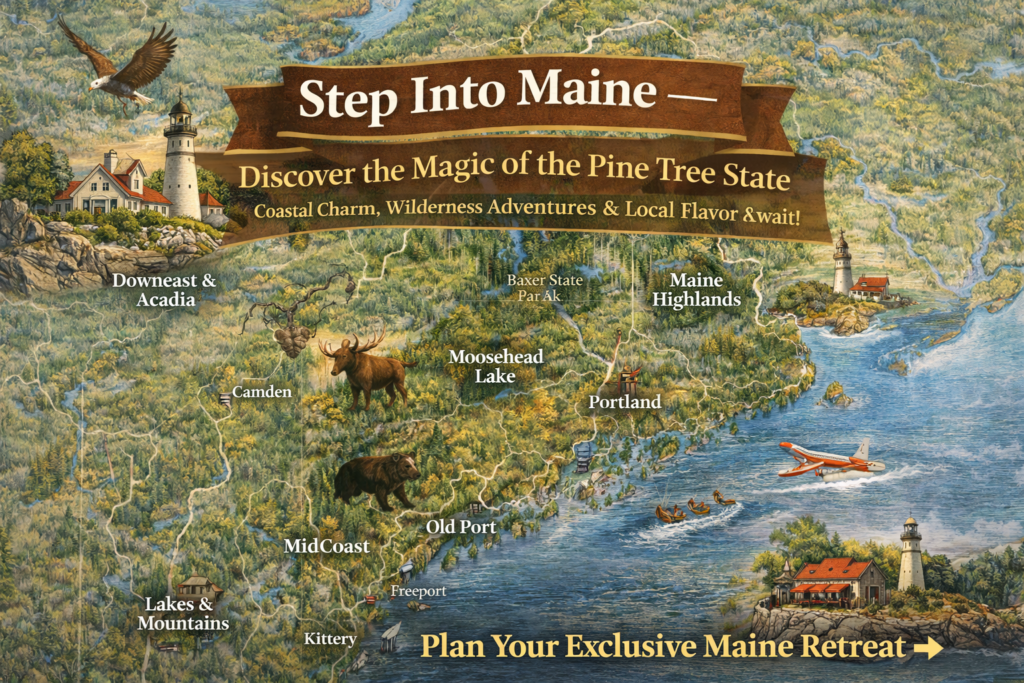 Illustrated tourist map of Maine highlighting coastal lighthouses, Moosehead Lake, Baxter State Park, Portland’s Old Port, Acadia region, wildlife including moose and bald eagle, and scenic wilderness areas.