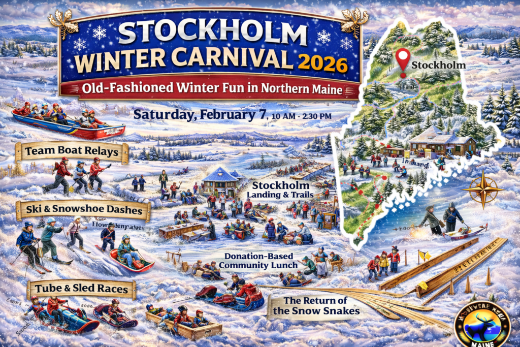 Illustrated 16:9 event map of Stockholm Winter Carnival 2026 at Stockholm Landing and Trails featuring team boat relays, ski and snowshoe races, tube sledding, snow snakes competition, community lunch, and Moosehead News logo.
