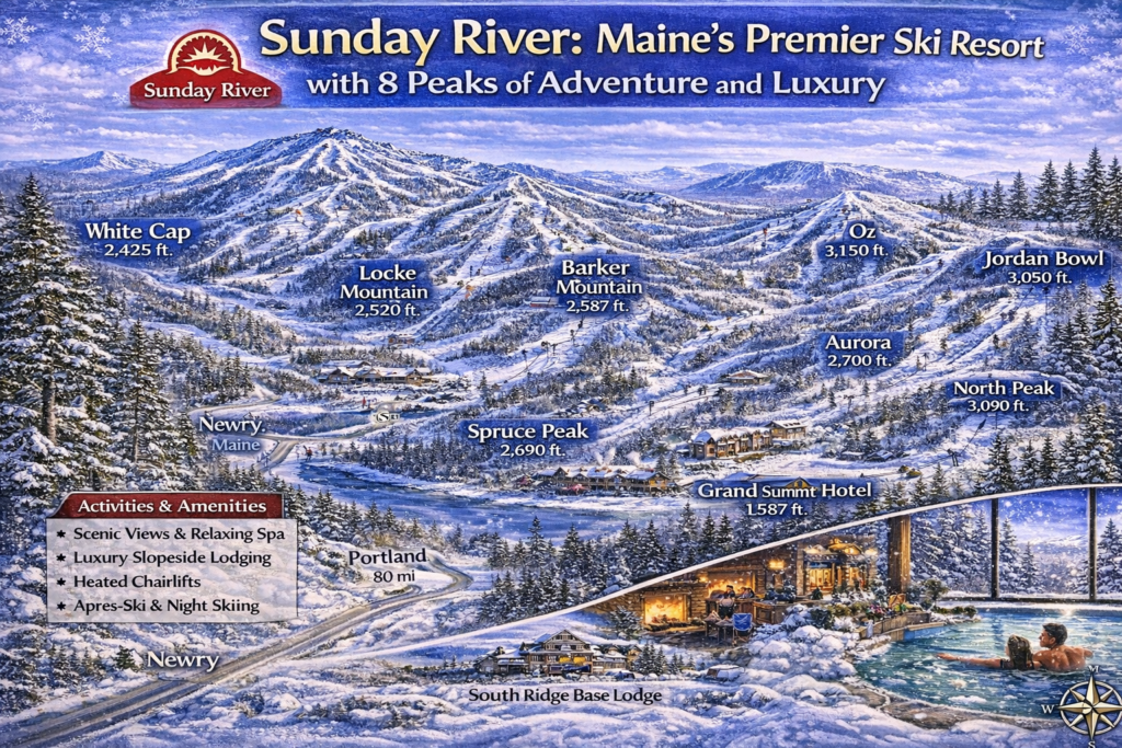 Illustrated map of Sunday River Ski Resort in Newry, Maine showing all eight peaks, trail networks, chairlifts, and surrounding mountain scenery.