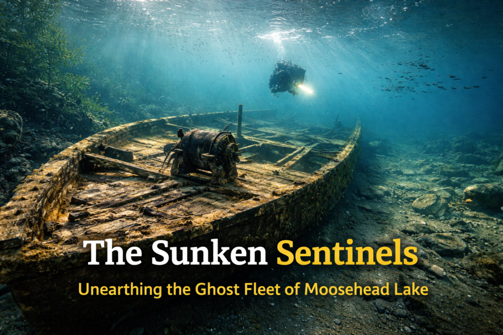 Underwater view of a historic sunken steamboat resting beneath the clear waters of Moosehead Lake, Maine, with wooden beams and freshwater fish visible.