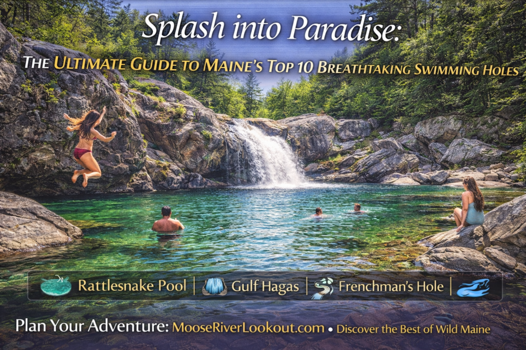 Natural swimming hole in Maine with clear turquoise water, rocky ledges, forested shoreline, and sunlight reflecting off a pristine plunge pool