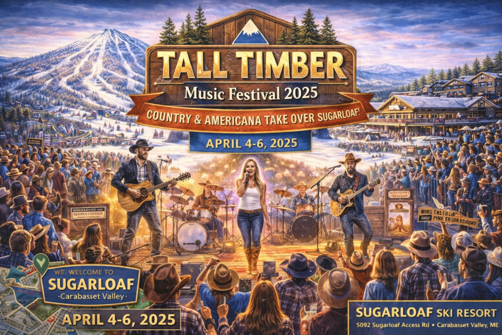 Tall Timber Music Festival 2025 at Sugarloaf Mountain with live country and Americana bands performing on an outdoor stage, cheering crowd in cowboy hats, and Sugarloaf Ski Resort in Carrabassett Valley, Maine.