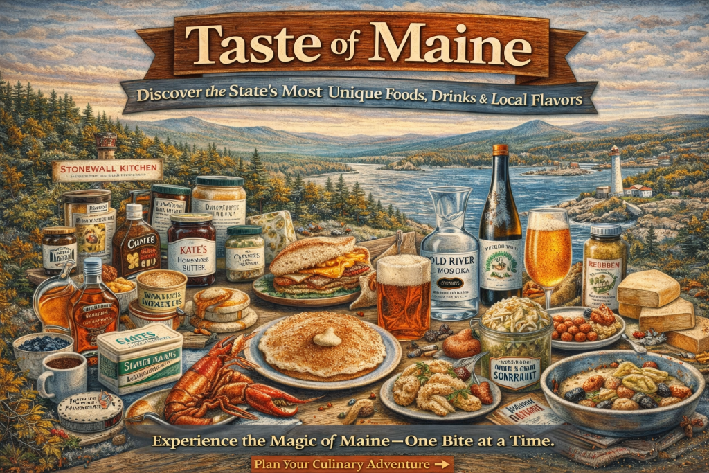 Promotional illustration titled “Taste of Maine” featuring lobster, blueberry pancakes, maple syrup, craft beer, Cold River vodka, artisan cheese, and coastal Maine lighthouse scenery overlooking Casco Bay and forested hills.