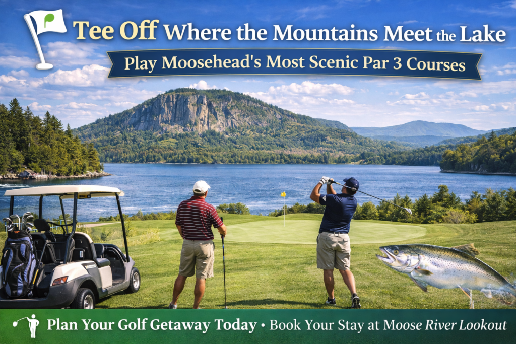 Golfers teeing off on a scenic par 3 course overlooking Moosehead Lake with Mount Kineo in the background in Rockwood, Maine.