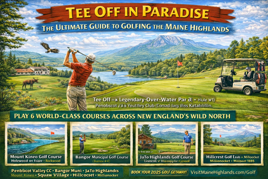 Vibrant 16:9 promotional illustration of golfing in the Maine Highlands featuring a golfer teeing off with Mount Katahdin in the background, scenic fairways overlooking lakes and forests, wildlife, and highlighted courses including Mount Kineo, Bangor Municipal, JaTo Highlands, and Hillcrest Golf Club.
