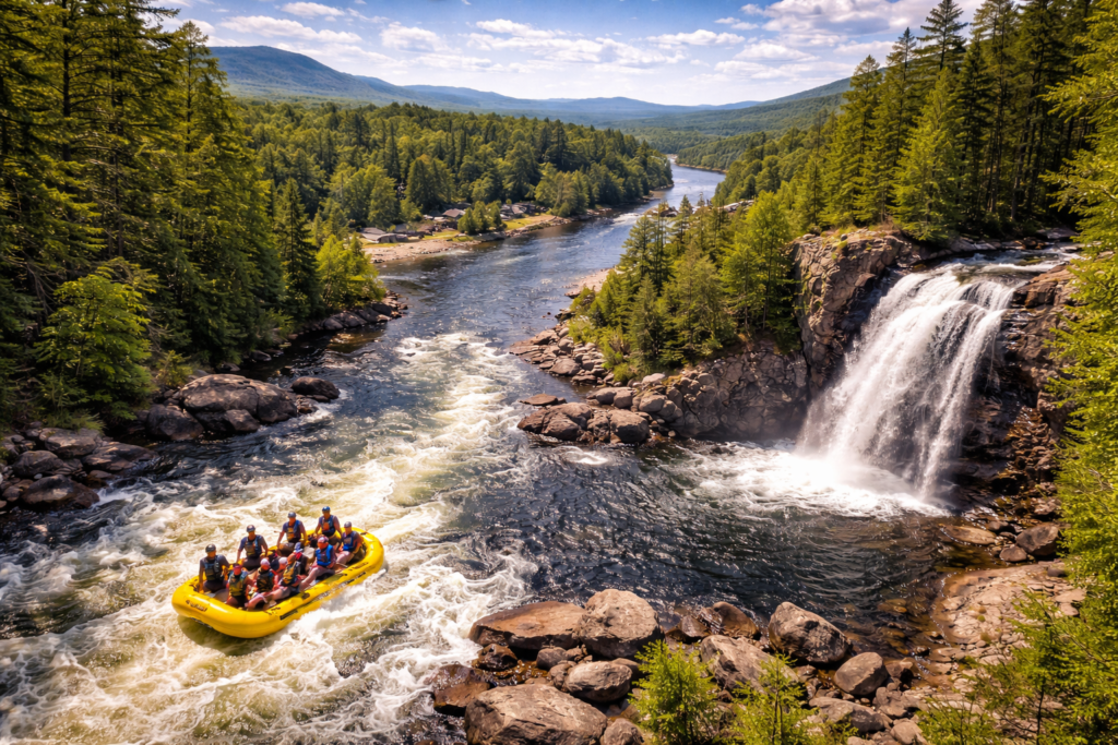 Whitewater rivers converging at The Forks, Maine, surrounded by forested mountains and rugged wilderness in the Maine Highlands