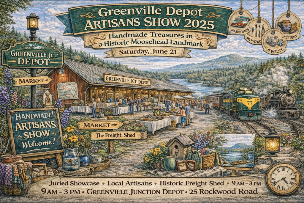 Illustrated event map of Greenville Depot Artisans Show 2025 at the historic Greenville Junction Depot in Maine, featuring Moosehead Lake scenery, artisan market tents, vintage trains, and the restored freight shed.