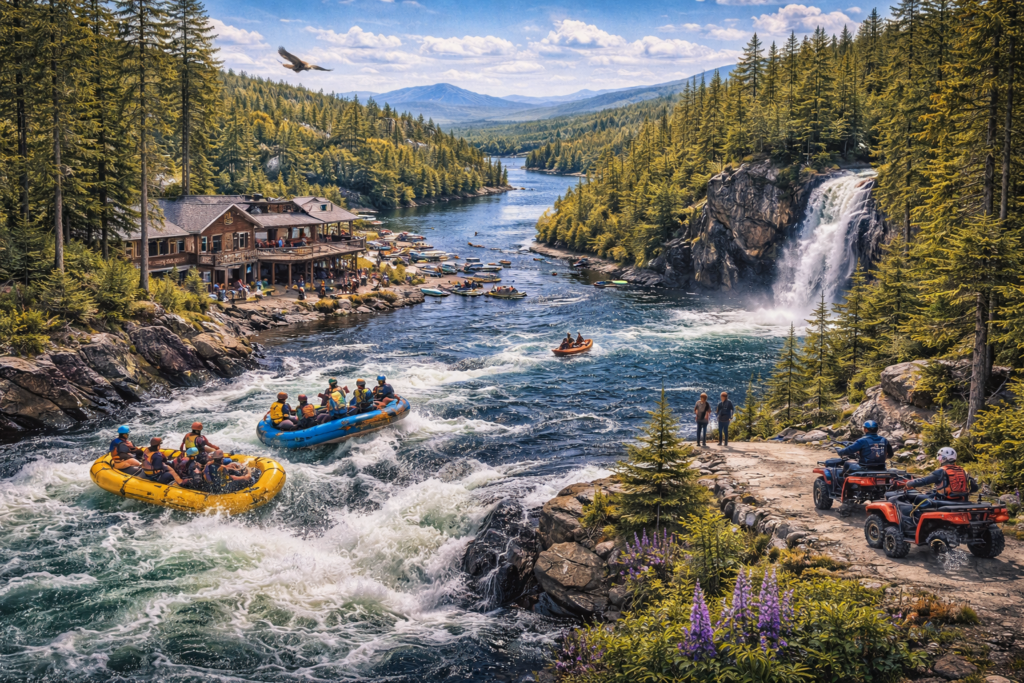 Whitewater rafting and outdoor adventures at The Forks, Maine, where the Kennebec and Dead Rivers meet, surrounded by forested mountains and waterfalls in the Maine Highlands.