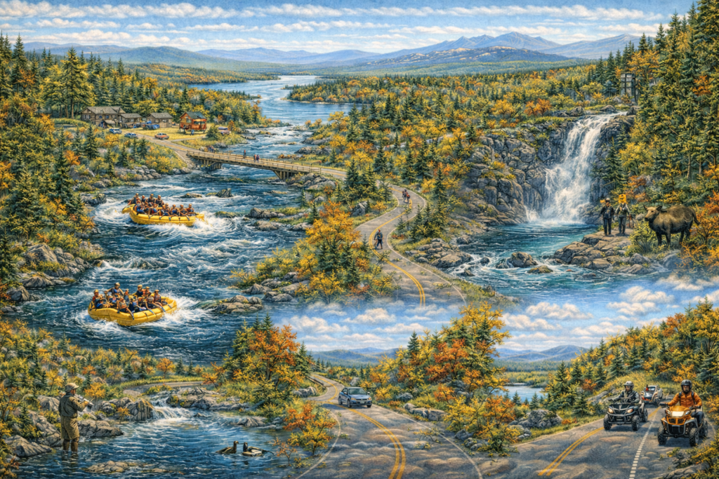 Scenic illustrated map of The Forks Maine featuring Kennebec River, Dead River, Moxie Falls, whitewater rafting, hiking trails, ATV riding, fishing, and forested North Woods mountains.